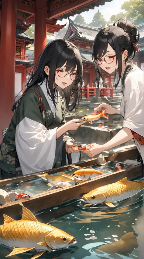 Black hair, glasses, temple, feeding carp