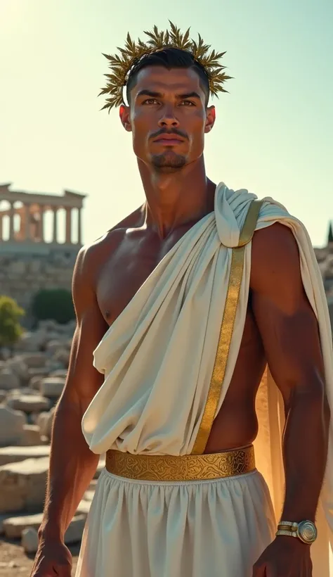 Photorealistic close-up of Cristiano Ronaldo from head to knees, wearing a flowing white tunic with a golden belt and a laurel wreath on his head. He stands against the backdrop of ancient Greek ruins, with the Parthenon visible in the distance. The sun cr...