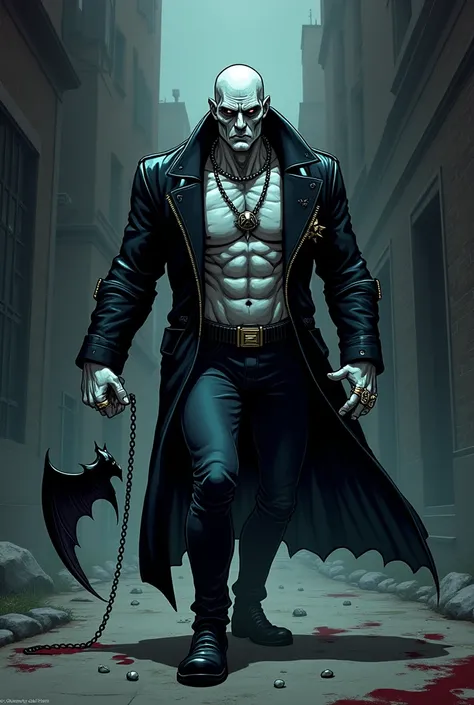  A cartoon villain with a white center and a black leather jacket with a slap in the eye, red eyes, spike-shaped rings with a bat in his hands with a tepua chain stained with blood, skinny but with a muscular body with a skull chain.. And go out killing oh...