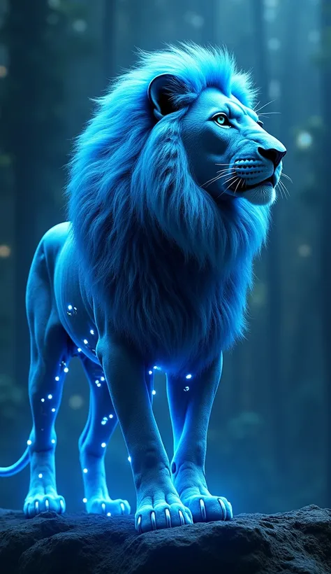 a blue technological futuristic lion in the middle looking to the right in front of a medium size in the photo represented being the king of the jungle of the internet and software