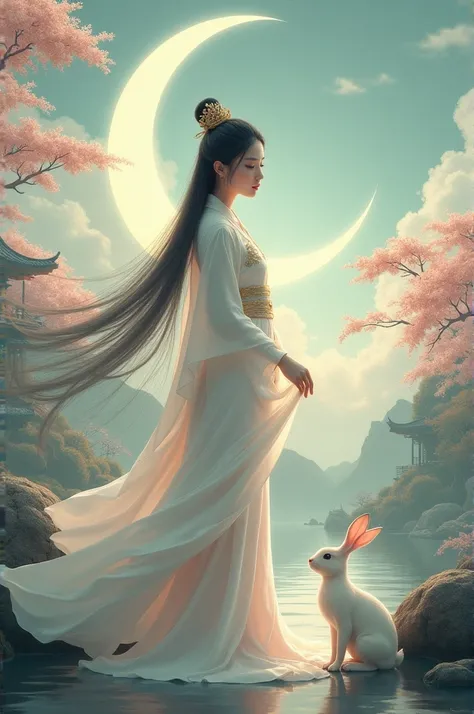 ((best quality)), moon goddess chang&#39;e with her rabbit and a moon behind and ancient japanese style 