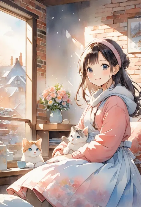 Woman holding kittens 、Winter Morning、room、Brick fireplace、Smiling girl、Transparent watercolor、 anime-style illustration