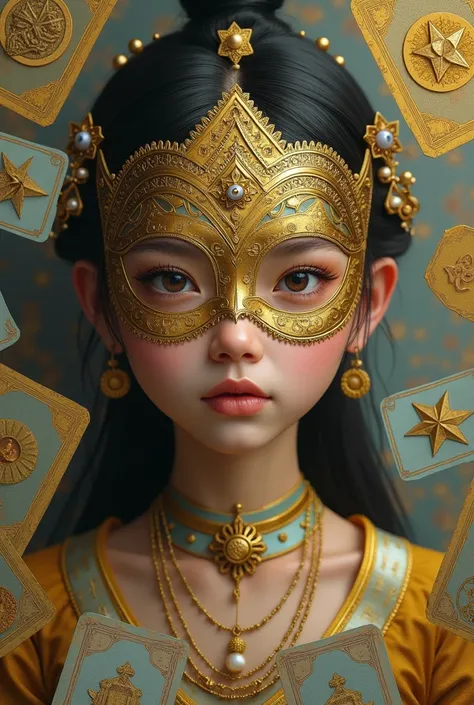 wearing gold mask with tarot cards (for burmese girl face)