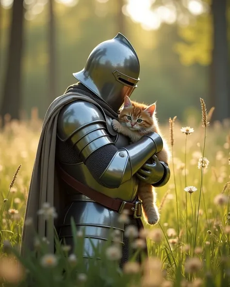 a warrior wearing full body knight armor hugging a kitten in a grass field , in a grand setting. Epic scale and heroic elements are illuminated by gentle soft light. Subtle illumination, diffused shadows, low contrast, background is a 
bright forest, sprin...