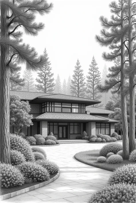 We need a sketch of the health center, surrounded by pine trees and surrounded by greenery. Just draw with a black pencil, color is not necessary