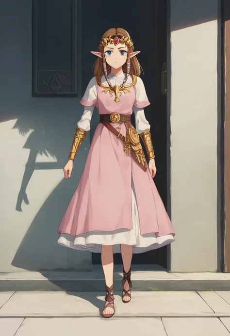 Princess Zelda full body shot, Brown Hair,  blue eyes, Dressed as an assassin in Assassins Creed , white+Its gold and 、whiteいマスクと金色のディテールが施されたフード, XL Bust, [Using the blade of his wrist. background: Renaissance city.  Unreal Engine 5 , Anime, Anime style, ...