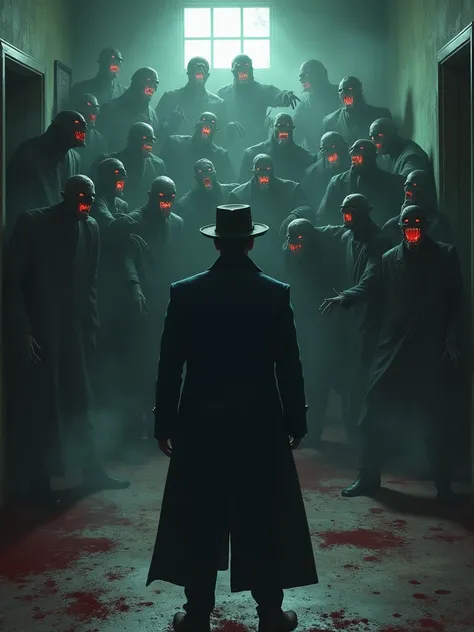  A man in a long black coat and leather hat is alone in a spooky hospital ward，Behind him, there are a hundred horribly ugly monsters who want to eat him。The atmosphere is gloomy and bloody 