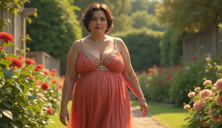 realistic women, solo, bbw, ssbbw, curvy belly, big belly, over size, mature women, in party dress , in garden, Large chest, wide hips, walking 