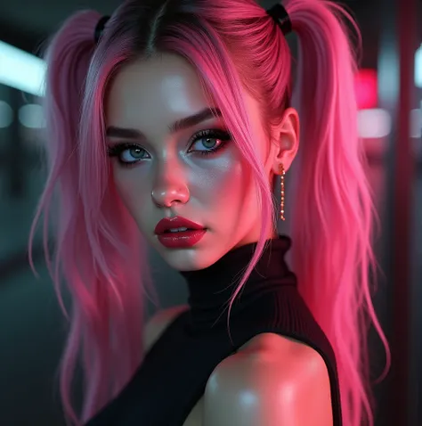 a girl in the cyberpunk style.toned body, pink pigtails, red lips, moist skin, black makeup, dark mascara, saturated makeup, saturated black eyeliner, 8k, ultra-detailed skin texture, Ultra-realistic skin texture