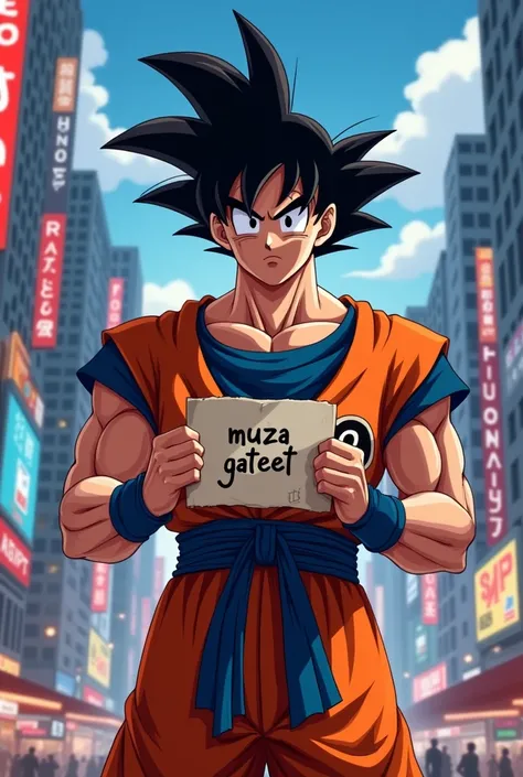  male cosplayer sun gokong,  holding paper inscribed  "MUZA GATEET "  city background and light