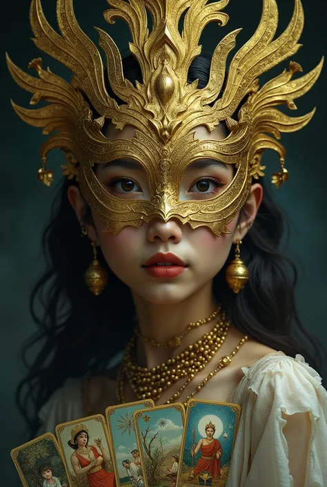 wearing gold mask with tarot cards (for burmese girl face this girl right upper lip has mole and left lower lip has mole)