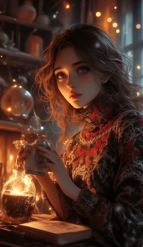 A beautiful woman with beautiful eyes:1.2, detailed eyes, beautiful full lips, highly detailed eyes and faces, long eyelashes, cute expression, smile, sitting:1.4, holding a cup of hot latte, homely background, Christmas sweater, fireplace, warm light, det...