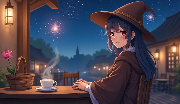 8k、 high school girl、 mature、smile、 Looking Back、 dark brown robe、Three-cornered hat、 medieval Europe with wooden basket、 Another World、Cafe、 Wood Deck 、sit、ホットCafeオレ、night、 starry sky 、firework、 romantic、 glitter、Anime 2D Style、Lo-Fi、LoFi、アニメ調 illustratio...