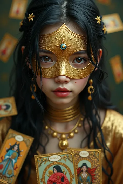 wearing gold mask with tarot cards (for burmese girl face for this girl right upper lip has black mole and left lower lip has black mole)