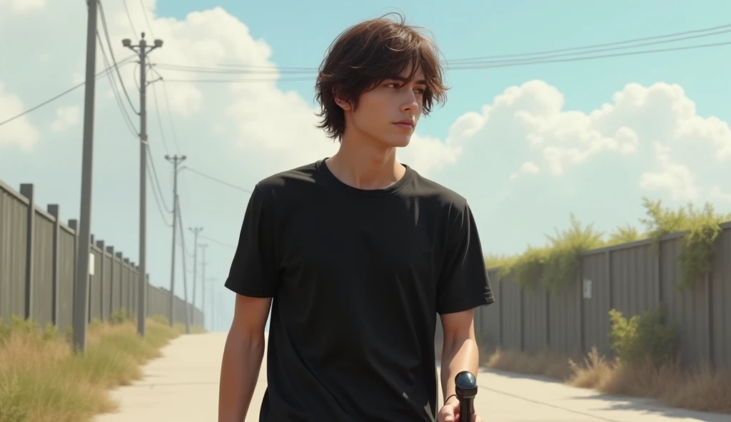 Realistic picture ,a young man with shoulder length hair, walking on new cane,  wearing black T-shirt, point of view wide ,realistic style, realism