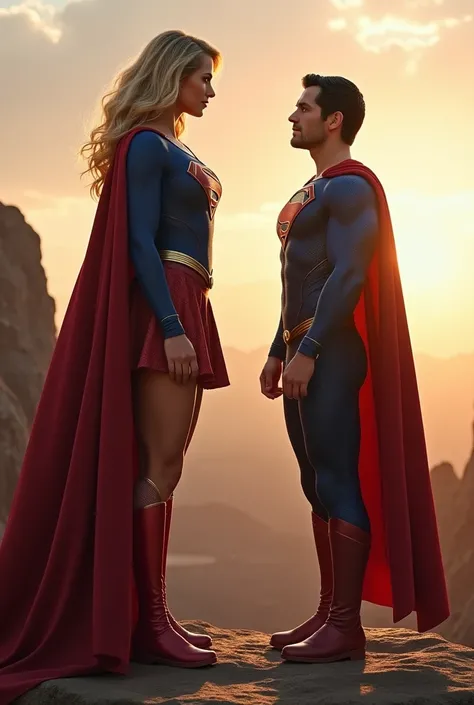 Supergirl and Superman were standing in front of each other, and Supergirl was much taller than Superman.

