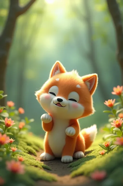 The background is a forest. A  is inside a wolf doll. the  is smiling! A moving and adorable view of the world. A cute worldview that combines Pixar 3DCG animation and Japanese mascot characters.