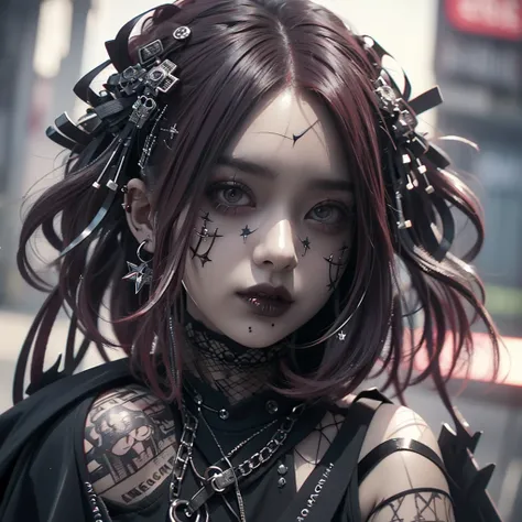 great rendered, 8k, masterpiece,  ultra quality, Beauty: 1.2,  PROFESSIONAL ILLUSTRATION : 1.1,  super detailed: 1.3, Ultra-bright,  very detailed with crimson hair, (Dark light detail)  1 girl, Goth_punk