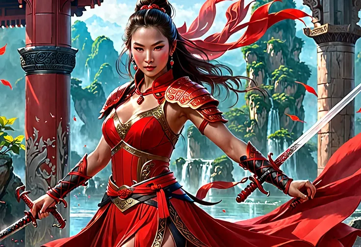 Woman in a red dress with a sword and a red dress , Beautiful character painting,   Stunning Digital Artwork , Jan J, Beautiful female warrior, Wuxi,  Digital Fantasy Art  ),  graphic artist Magali Villeneuve,   Breathtaking Fantasy Art  ,  Chinese Warrior...