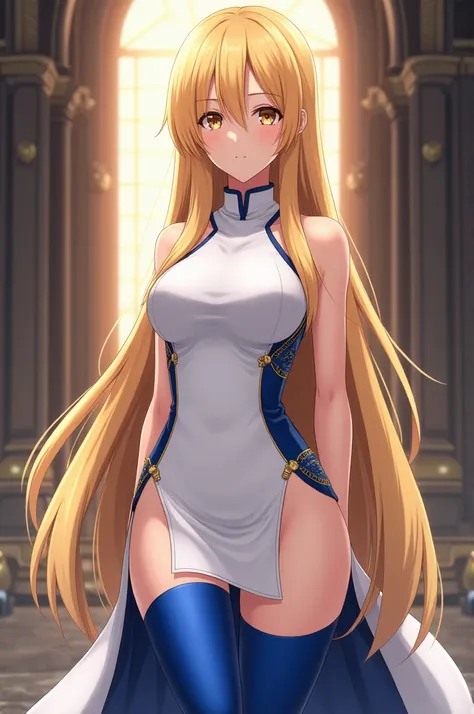 A tall anime woman with golden hair and golden eyes. Her hair is straight and long. She is wearing a white sleeveless backless turtleneck dress with a dark blue lining in the sides. She was wearing a thigh high royal blue boots. She was very beautiful and ...