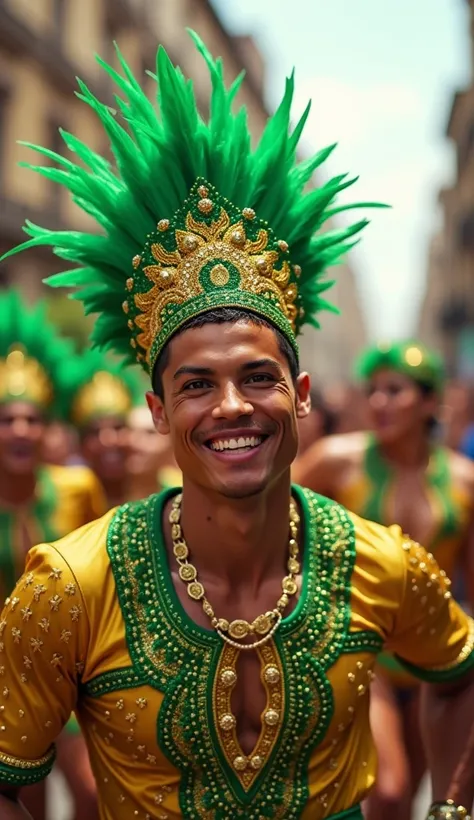 Photorealistic close-up of Cristiano Ronaldo from head to knees, wearing a dazzling Carnival-inspired costume featuring a feathered headdress in bright green and gold, adorned with sequins and beads. He is surrounded by vibrant samba dancers and a lively s...