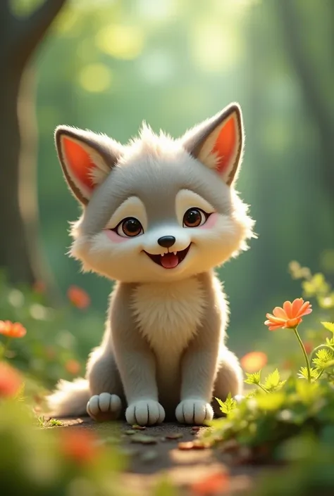 The background is a forest. A  is inside a wolf doll. the  is smiling! A moving and adorable view of the world. A cute worldview that combines Pixar 3DCG animation and Japanese mascot characters.