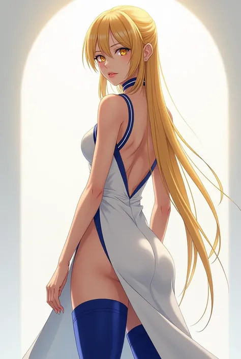 A tall anime woman with golden hair and golden eyes. Her hair is straight and long. She is wearing a white sleeveless backless turtleneck dress with a dark blue lining in the sides. She was wearing a thigh high royal blue boots. She was very beautiful and ...