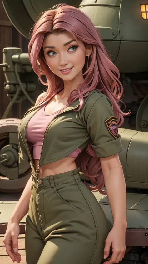 ((1girl)), ((Jewel Staite as Kaylee from Firefly)), ((undone olive green coveralls)), ((short pink crop top)), ((long brunette hair)), perfect breasts, sexy pose, smile, spaceship engine