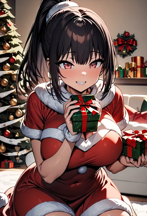 (  Masterpiece ,   top quality:1.2), (((One anime girl))) , (((Alone))),   Expressive Eyes ,  sexy, Santa girl costume, (((Dark-haired ponytail ))). ((( straight hair))), (smile), (((Reddish brown eyes))), ((( holding a present with both hands))), Christma...