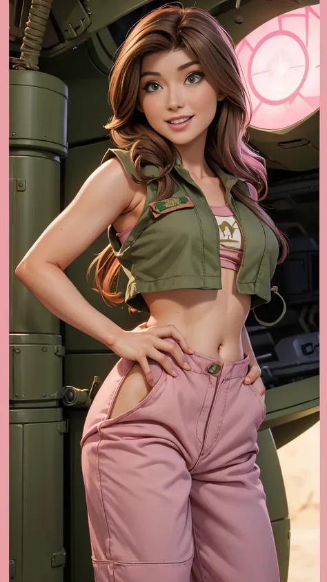 ((1girl)), ((Jewel Staite as Kaylee from Firefly)), ((undone olive green coveralls)), ((short pink crop top)), ((long brunette hair)), perfect breasts, sexy pose, smile, spaceship engine