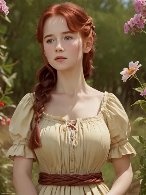 (best quality,4k,8k,highres,masterpiece:1.2),ultra-detailed,(realistic,photorealistic,photo-realistic:1.37), ((peasant woman, picking flowers, dress, solo, shy, pale skin)), ((very large bust size for her young age)), braided red hair