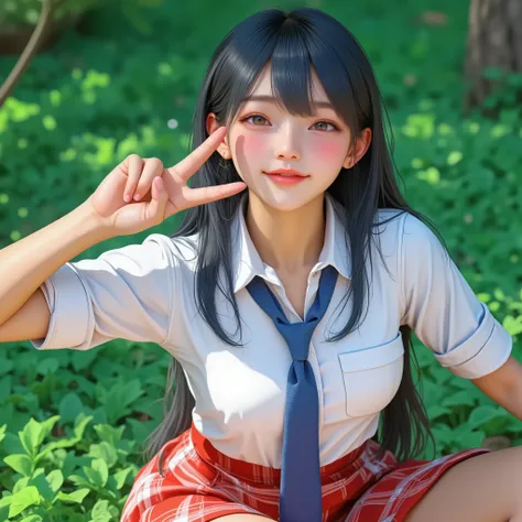 anime-style illustration, photo realism,1girl, full body,long straight long hair,smoky blue color hair, Sitting with Knees Up pose, wink and expressionless, hand making a V-sign near her eye, wearing a white shirt with rolled-up sleeves, red plaid skirt wi...