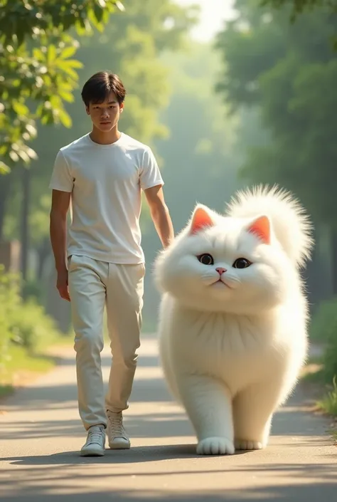 A male dressed in white casual walks with a giant white ragdoll cat walking alongside
