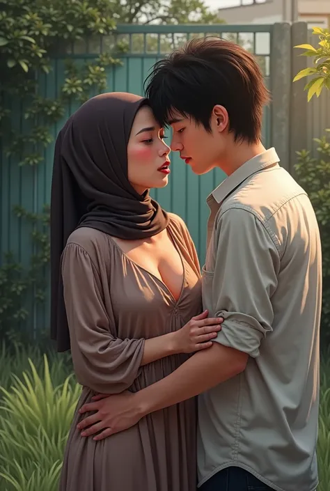 2 Asian couples naked, woman with hijab naked, a man with white shirt having sex in grass, in the corner of backyard of home. Missionary style, Japanese woman, woman wet body,  missionary position with womans hands folded behind on the rope and mans enter ...