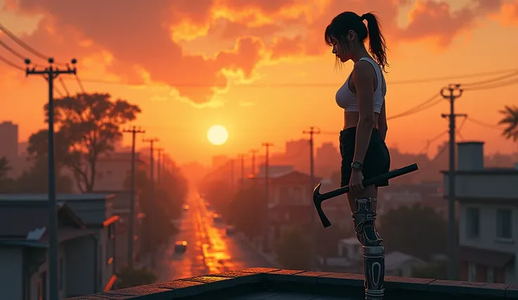 Naomi stands on a rooftop at sunset, overlooking the quiet streets of her neighborhood. Her prosthetic leg glints in the golden light, and her expression is a mix of exhaustion and hope. She grips a crowbar in one hand, ready for whatever comes next.