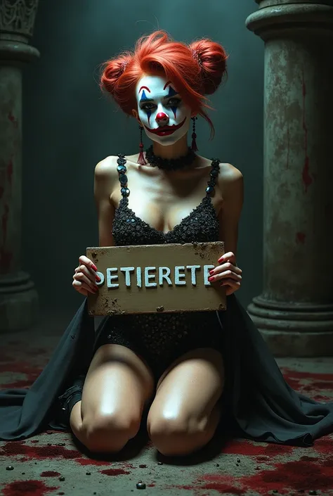 Sexy porn clown kneeling with a sign and the word Peterete 