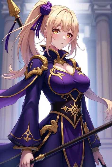  An imposing human woman anime from the game Genshin Impact,  with Lyiue clothing ,  possessing the Electro element , light-haired, without smiling, elegant and serious ,  dark but elegant and practical clothes for spear combat, main color :  purple and go...