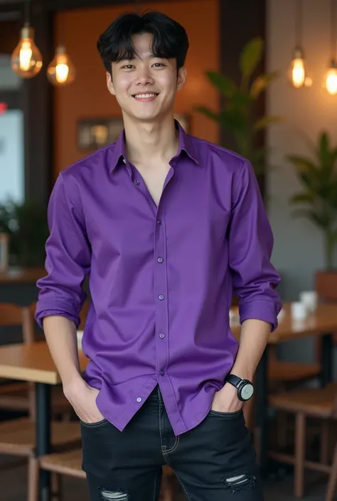 A photo of a Korean bloke wearing a purple shirt and long black jeans ripped thin knee again standing in a restaurant carrying a camera while Smiling 