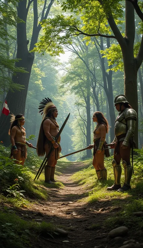 make a war between american indian against old english warriors with english flag in the forest, with just 4 peoples