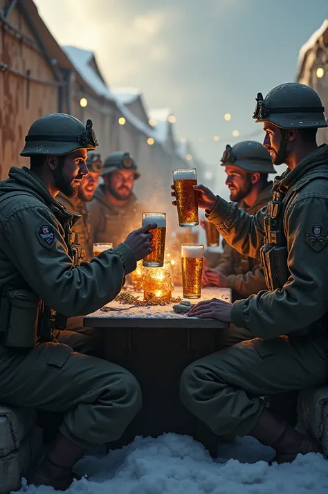 Women men war Christmas drinking beer