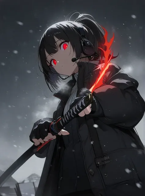 1girl, sky, fingerless black gloves, snowing, looking at viewer, jacket, masterpiece, short hair, collared white shirt, sheath, solo, skirt, black hair, glowing eyes, katana, long sleeves, holding sheath, red eyes, grey sky, holding sword, unsheathing, hea...