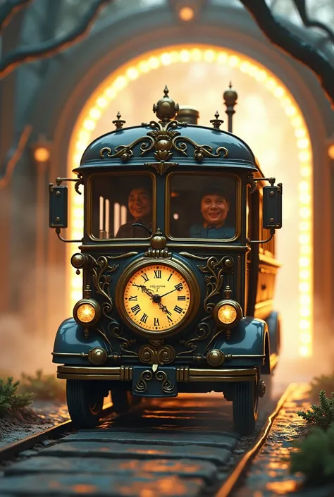 a steam bus coming out of a portal. the train has a clock on its front. the portal it comes out from is magical and glows brightly.