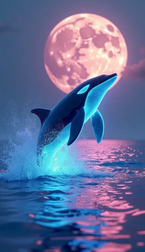 Made by AIS-RCN, 8K Photo, "words, Killer whale、透明な体で青く光るKiller whale、 jumping from a rainbow-colored surface of water 、The background is a heart-shaped moon 