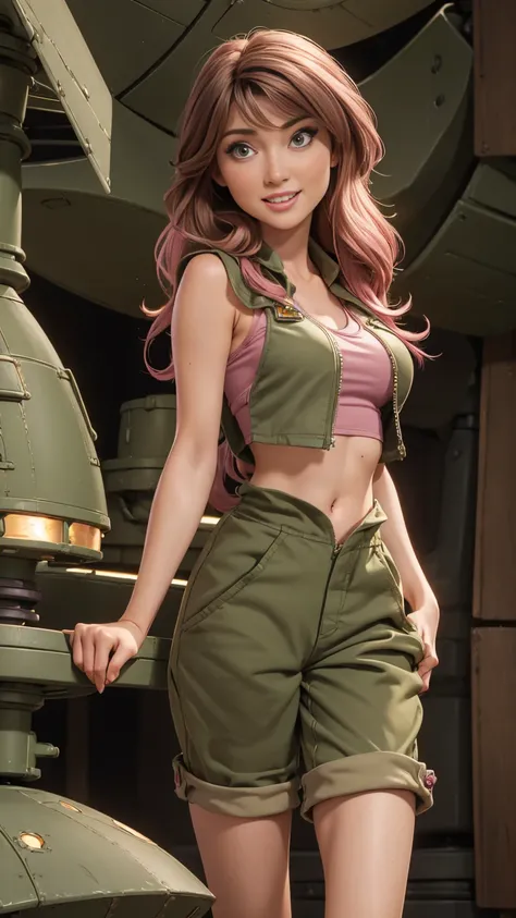 ((1girl)), ((Jewel Staite as Kaylee from Firefly)), ((undone olive green coveralls)), ((short pink crop top)), ((long brunette hair)), perfect breasts, sexy pose, smile, spaceship engine