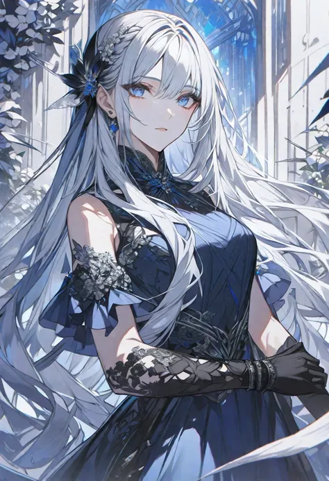  Unique , beauty, 1 female,  long hair, Silver Hair,   light blue eyes ,  dark blue dress,   black gloves  ，hair accessories