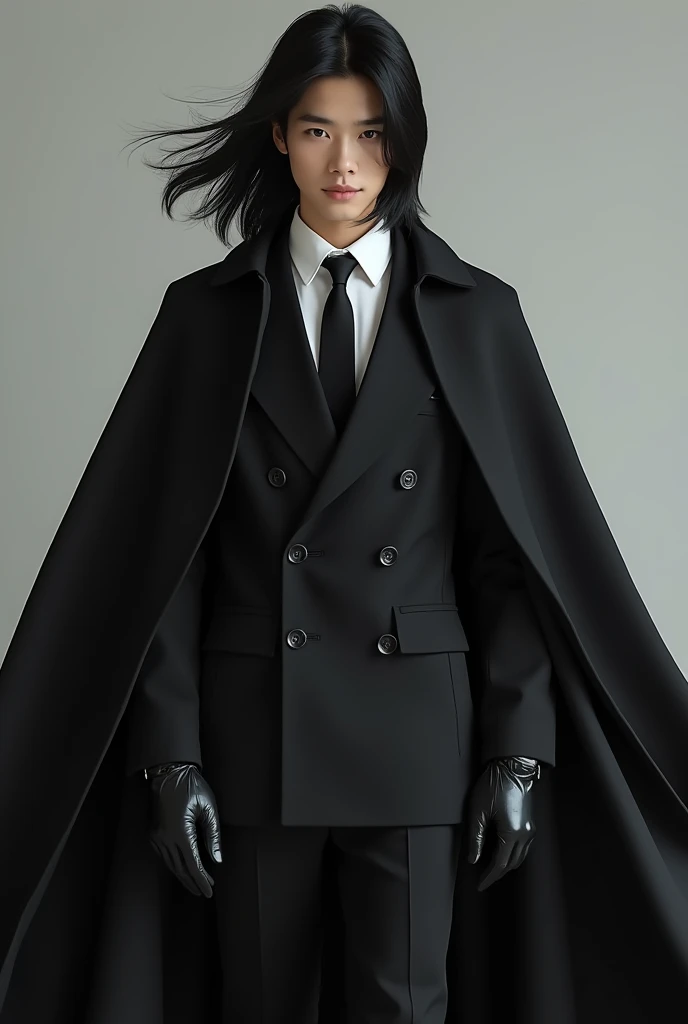 Live Action Asian Teen Boy With Long Flowing Black hair, Wearing a Double Breasted Baggy black Suit Coat that Reaches the ground, over a Baggy White Formal Dress Shirt and Black Tie Neatly tucked in with the Sleeves Covering the Palms of his Hands, With Bl...