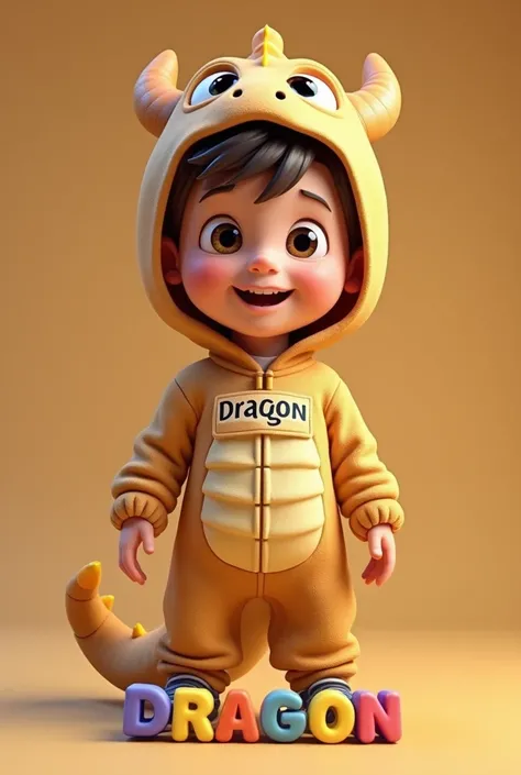 3D cartoon image of a boy wearing a khaki dragon costume with the name DRAGON on the front of his dragon costume. On the floor is written the name "HUNGRY KHAKI DRAGON" in 3D letter style, colorful letters, all names must be complete and correctly spelled.