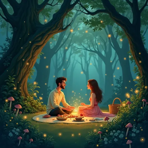 Magical forest picnic
A couple having a picnic in a glowing enchanted forest, with fireflies and soft ambient light around them.