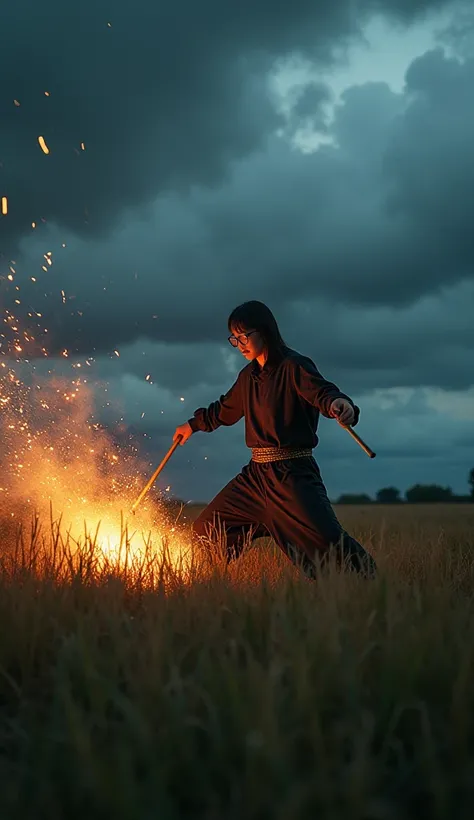 The model is wearing glass su"Under a stormy, darkened sky, a powerful Taiko drummer stands firm in the middle of an open field, their movements commanding and intense. Suddenly, a jagged, glowing stone hurtles through the air, its flight illuminated by fa...