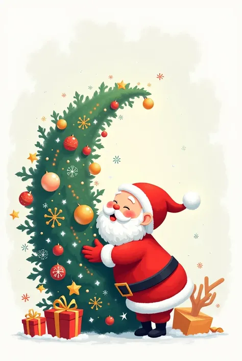 Create an image of a little Santa Claus from the side holding or hugging a large Christmas garland,   must have a clean space in the central area  ( to place a photo ): use typical Christmas colors and elements such as snowflakes , Flashes, stars,  spheres...